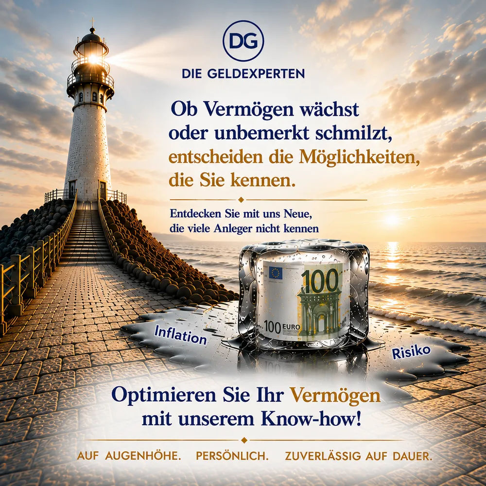 Bierdeckel Vermögen: Leuchtturm am Meer und ein in Eis eingeschlossener 100-Euro-Schein