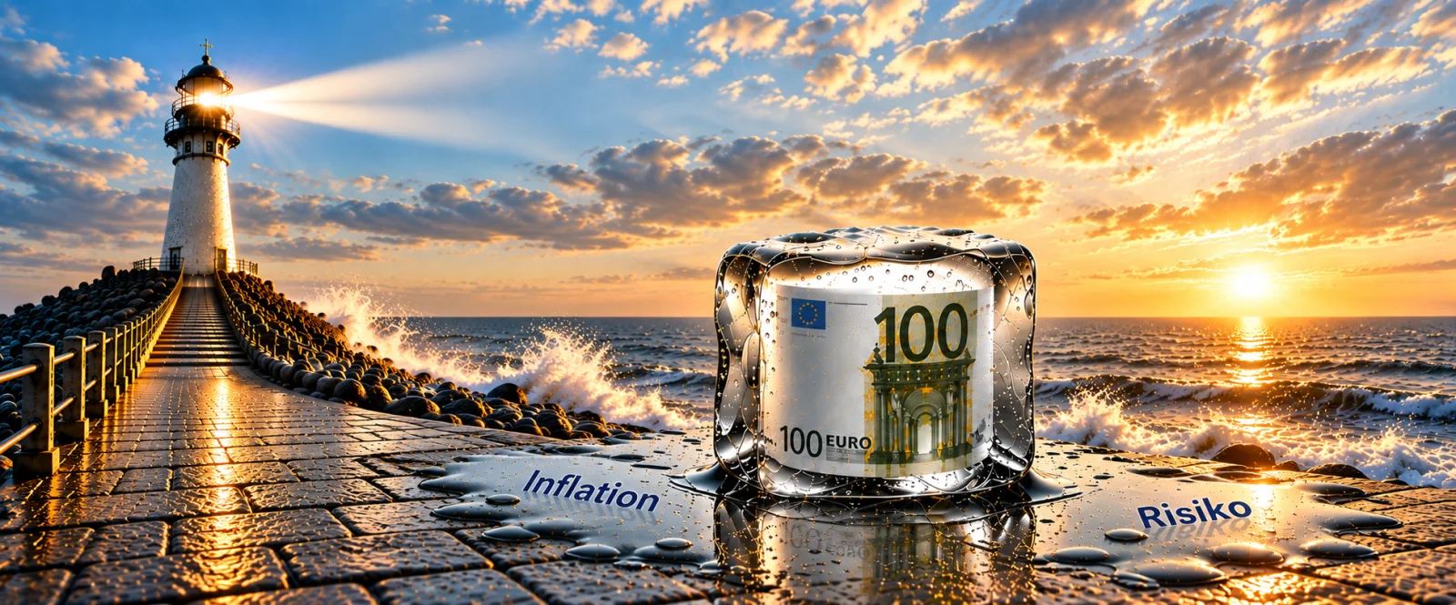Leuchtturm an einer Mole im Sonnenuntergang, davor ein in Eis eingeschlossener 100-Euro-Schein mit den Schriftzügen Inflation und Risiko
