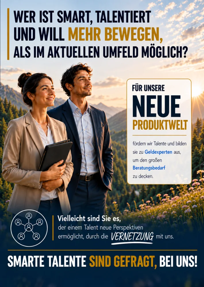 Recruiting-Plakat der Geldexperten mit Beraterpaar vor Bergpanorama und dem Claim: Smarte Talente sind gefragt, bei uns!