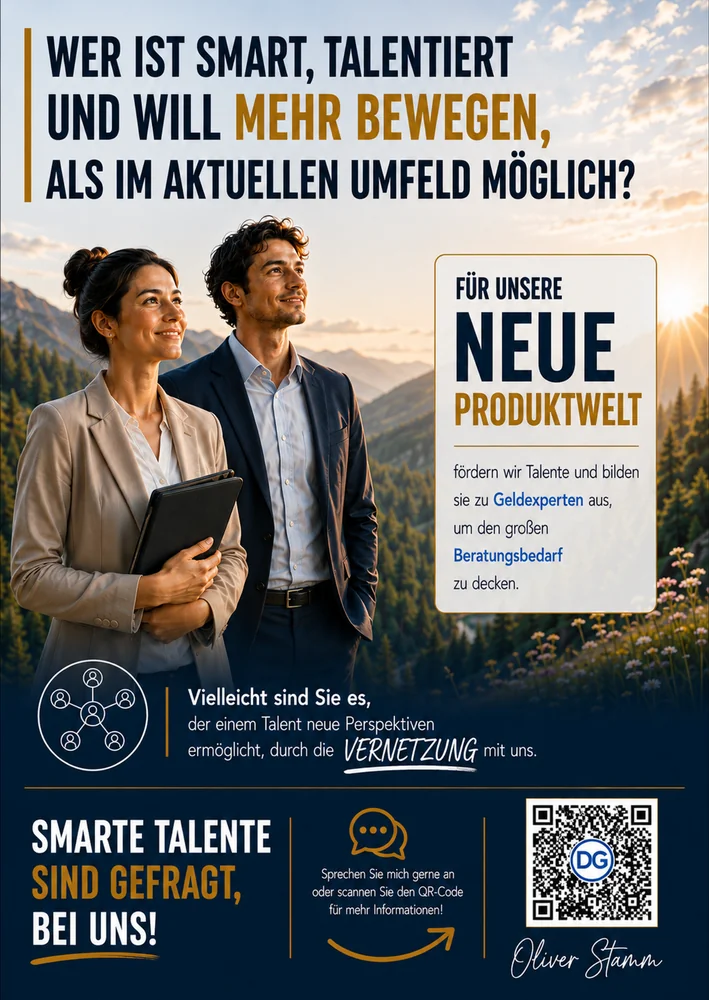 Recruiting-Plakat der Geldexperten mit Beraterpaar vor Bergpanorama, Claim und QR-Code