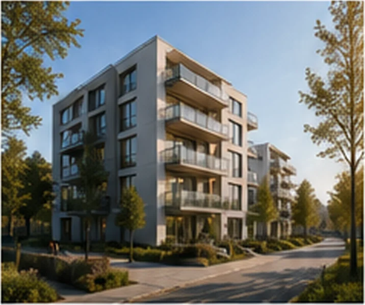 Moderner Wohnhauskomplex mit Balkonen an einer baumgesäumten Straße im Morgenlicht