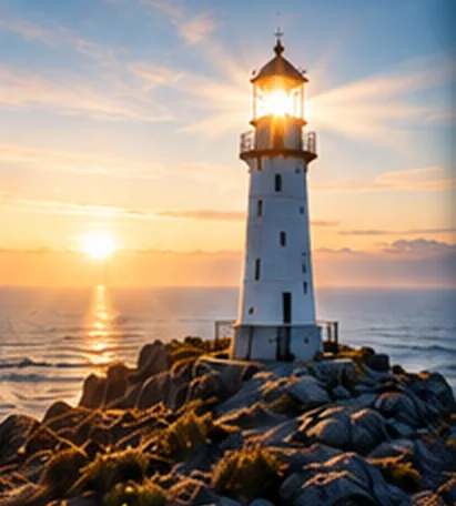 Leuchtturm auf Felsen am Meer, Abendlicht über dem Wasser