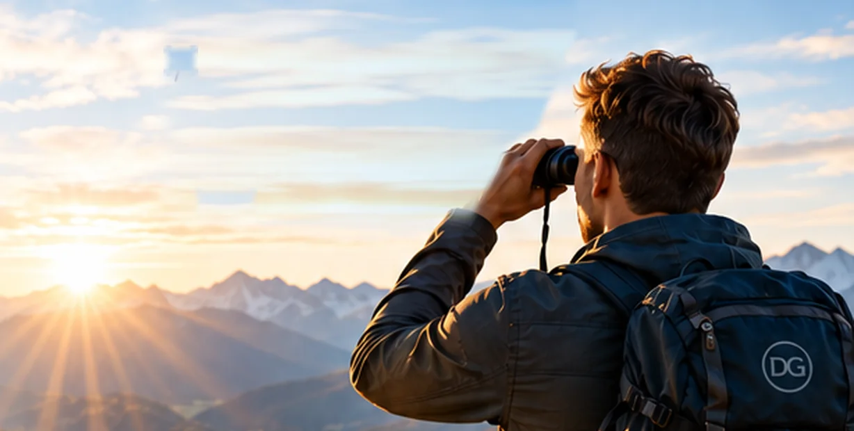 Beobachter mit Fernglas auf einem Berggipfel im Morgenlicht, Blick über Tal und Bergkette