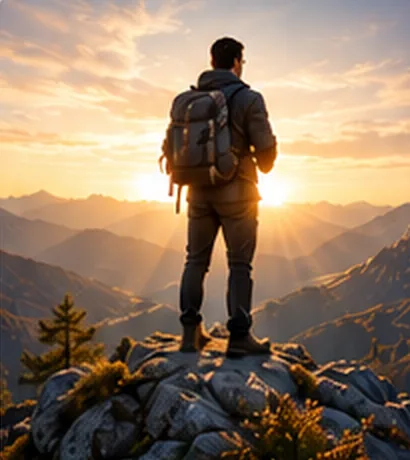 Person mit Rucksack auf einem Felsgipfel, Blick in eine weite Bergkette bei Sonnenaufgang