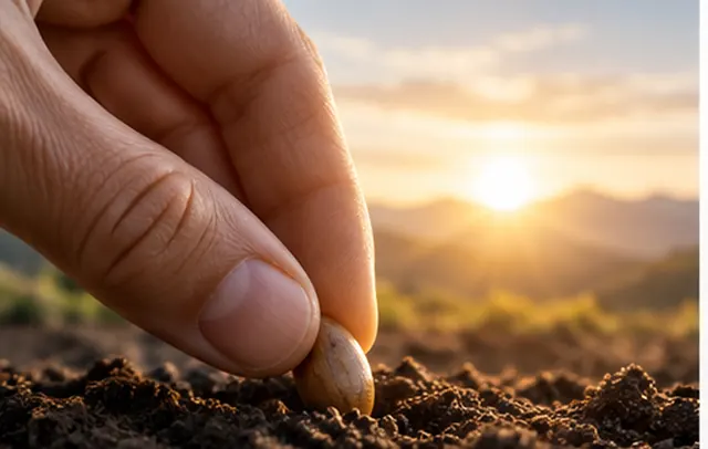 Eine Hand legt ein Saatkorn in dunkle Erde, dahinter geht die Sonne über den Bergen auf