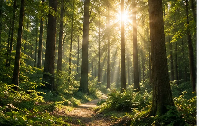 Sonnenstrahlen fallen zwischen hohen Baumstämmen auf einen schmalen Waldpfad