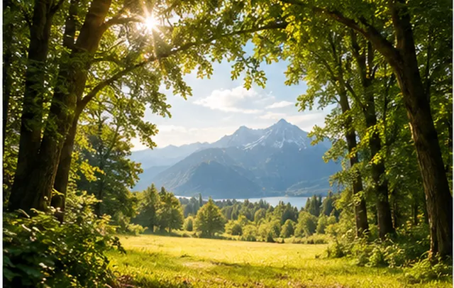 Waldlichtung mit Blick auf eine sonnige Wiese, einen See und Berge
