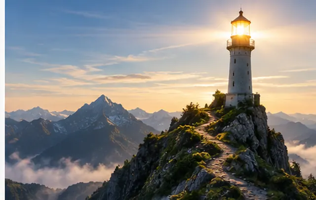 Leuchtturm auf einem Felsgipfel über dem Wolkenmeer, dahinter Berge im Morgenlicht