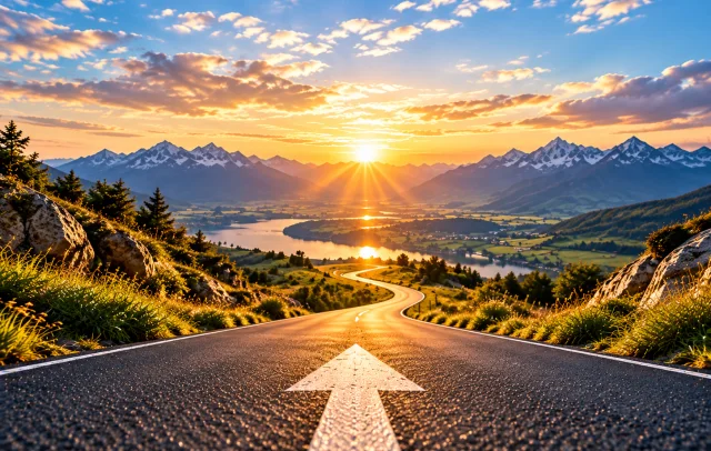 Straße mit weißem Richtungspfeil führt auf eine Bergkette und den Sonnenaufgang zu