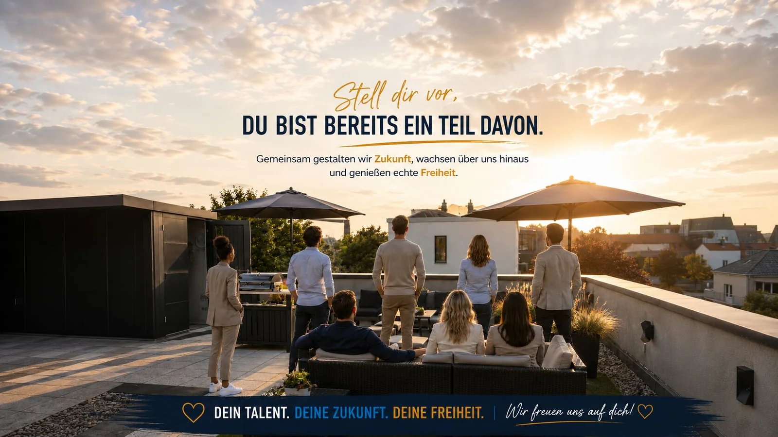 Team der Geldexperten auf einer Dachterrasse bei Sonnenuntergang – werde Teil des Teams