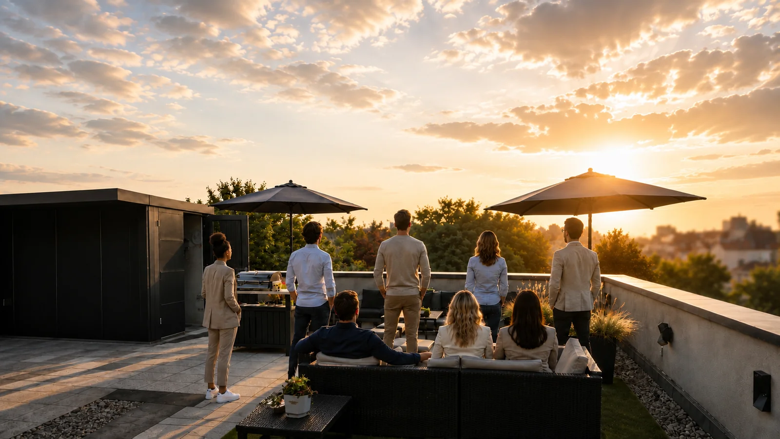 Team der Geldexperten auf einer Dachterrasse blickt bei Sonnenuntergang über die Stadt